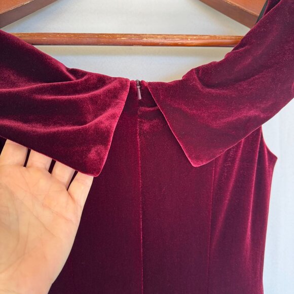 XSCAPE Burgundy Stretch Velvet Bardot Sweetheart Neck Formal Maxi Dress Size 14 - Picture 8 of 16
